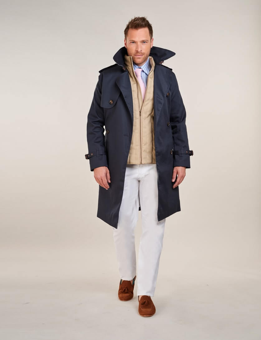 beige trench coat with brown chinos and cotton tie 